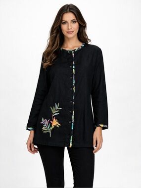 Koos of Course Black Linen Blend Embroidered Shirt Jacket Art to Wear Size M